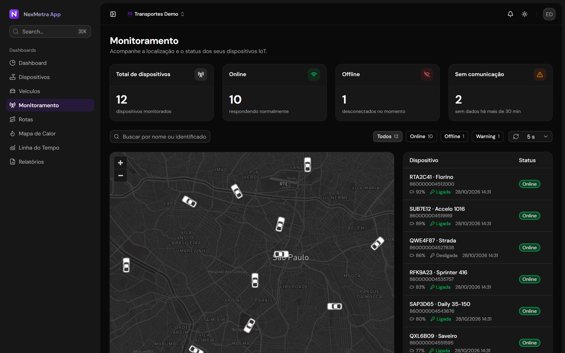 Tela de monitoramento da NexMetra com a frota no mapa