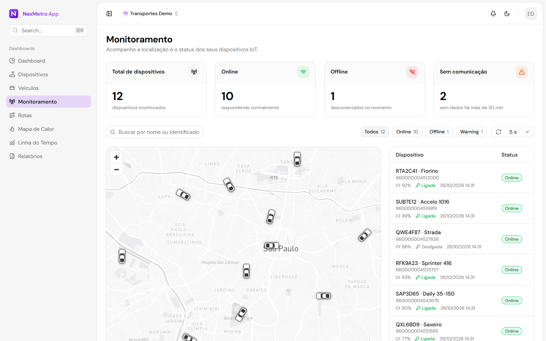 Tela de monitoramento da NexMetra com a frota no mapa